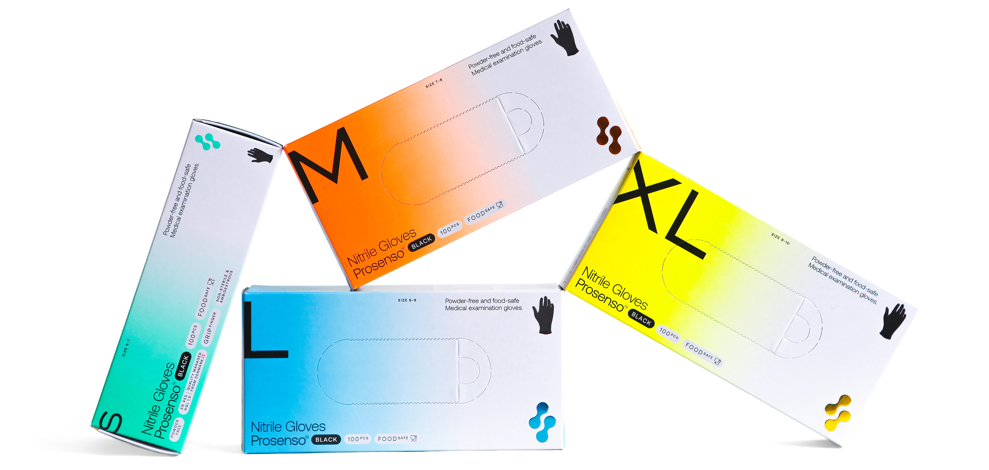 Prosenso nitrile examination glove boxes in sizes S, M, L and XL, each in its size colour